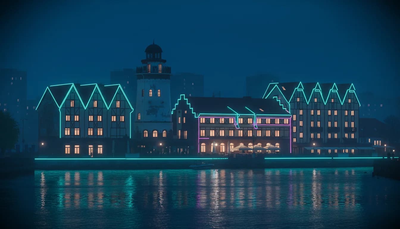 Рыбная деревня в Калининграде ночью: фахверковые дома и маяк с неоновой подсветкой, отражение в воде