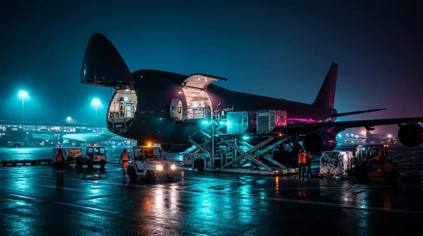 Ночной аэродром: погрузка авиагруза, контейнеры и спецтехника у борта самолёта