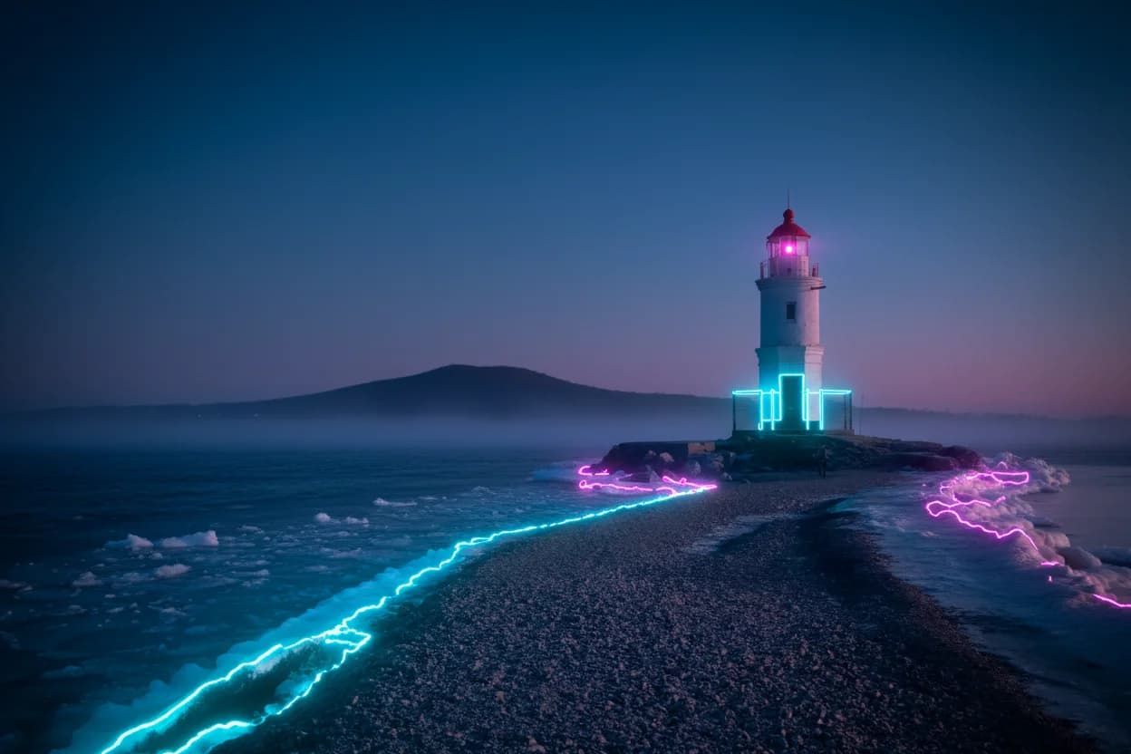 Маяк Токаревского на морском берегу в сумерках, неоновые акценты на воде и скалах