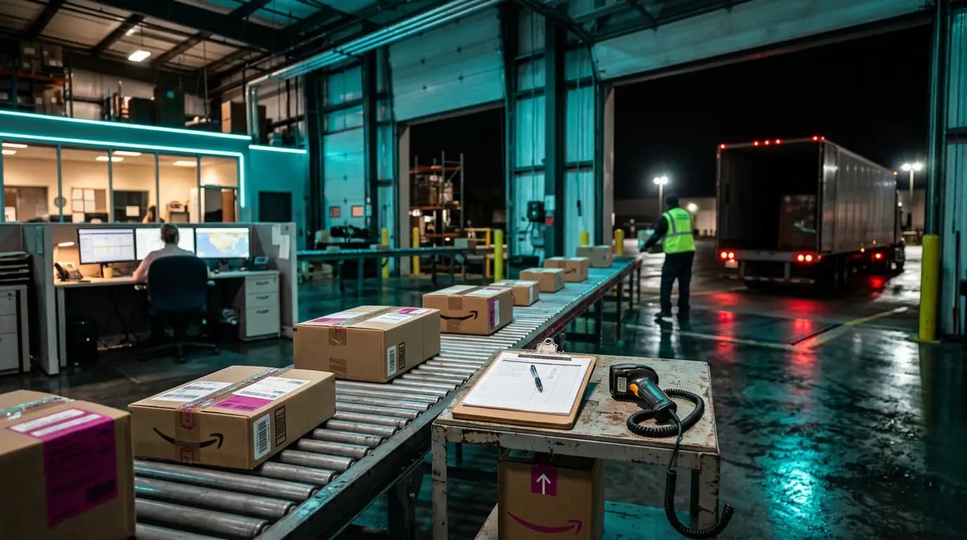 Складской док и зона экспедирования: посылки на конвейере, подготовка отправлений