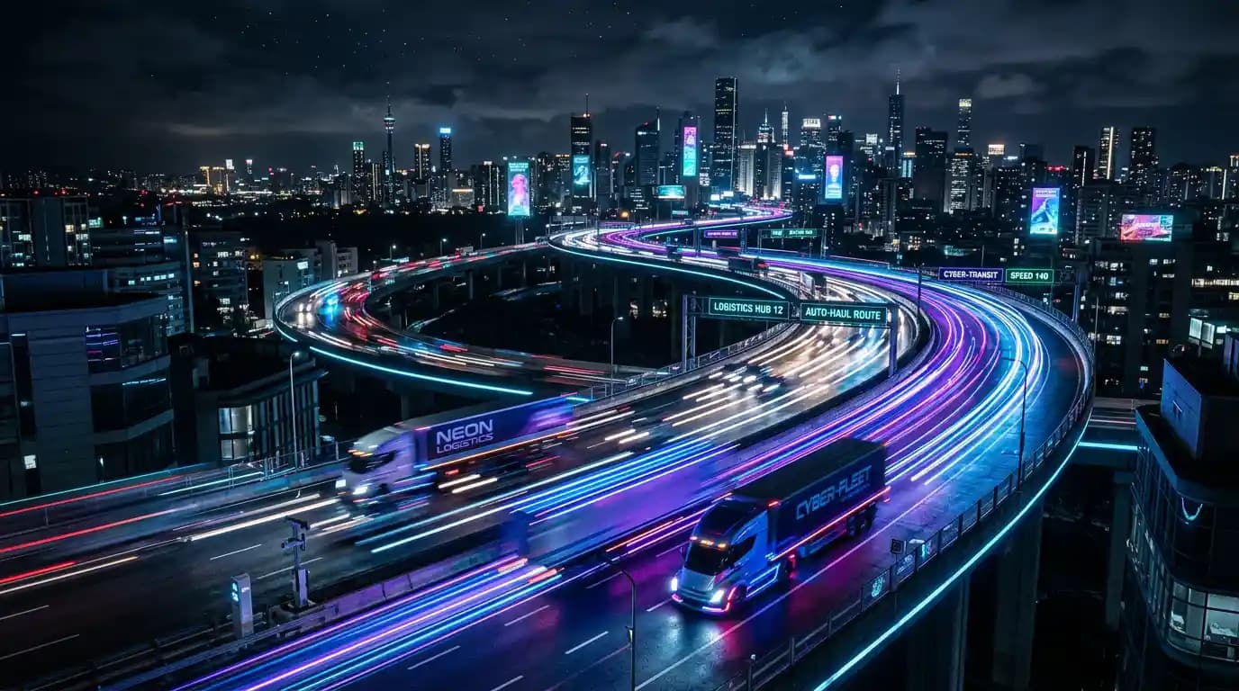 Ночная трасса с неоновыми следами от грузовиков