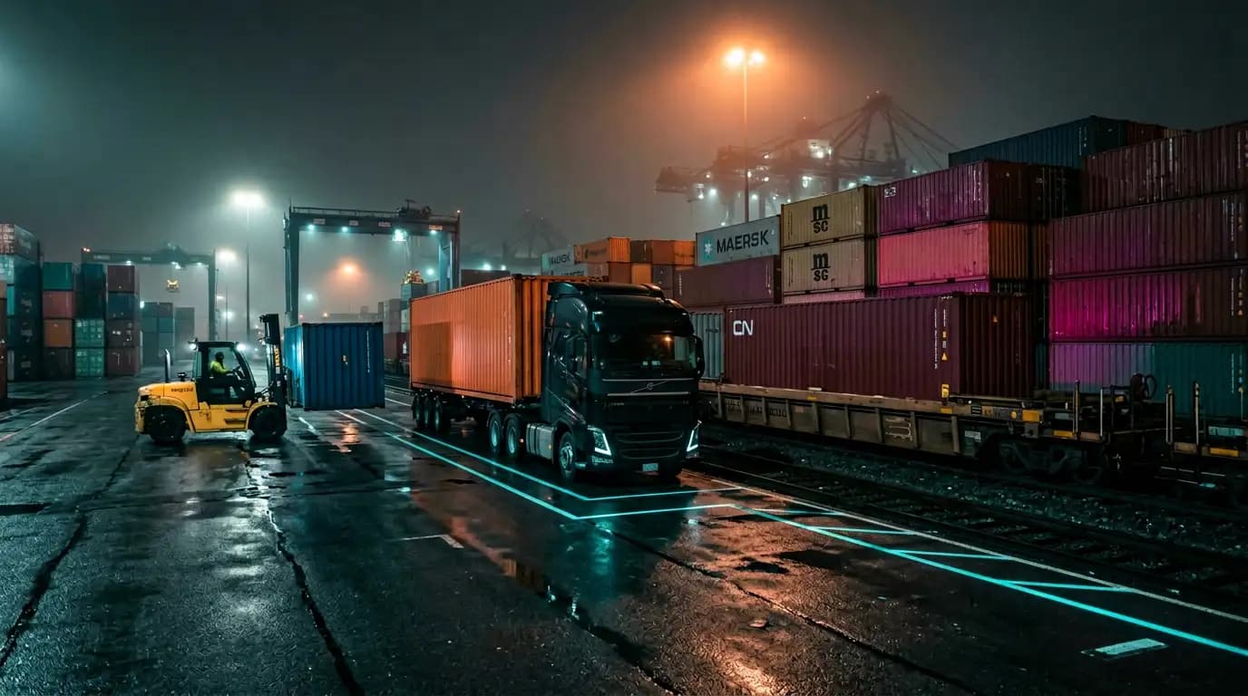 Интермодальный терминал: фура у ж/д платформы со стеком контейнеров