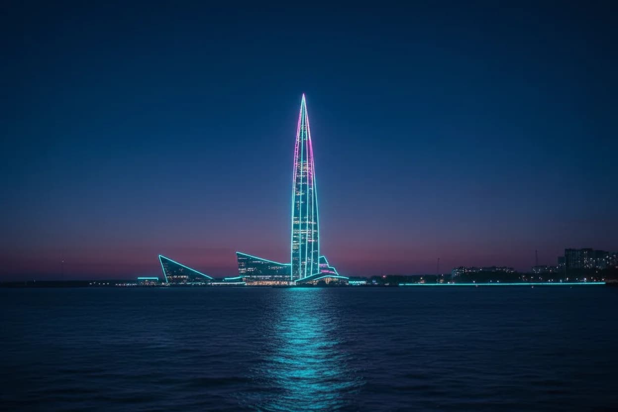 Ночной вид на Лахта-центр в Санкт-Петербурге — фон секции «Почему нас выбирают» на сайте грузоперевозок Грузо-Механика