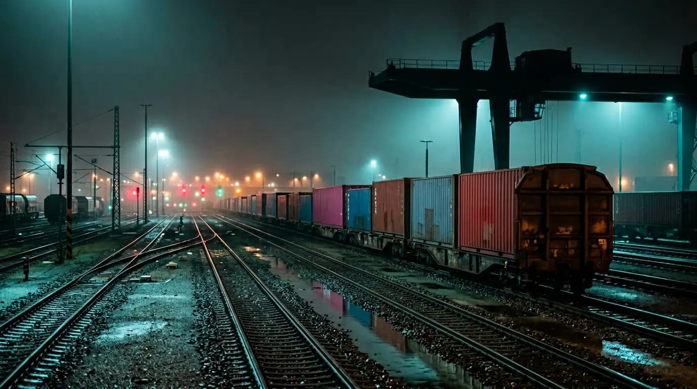 Ночная железнодорожная площадка с контейнерными платформами и подсветкой путей