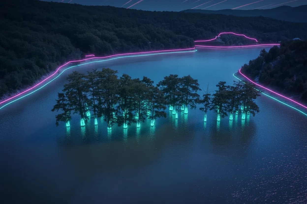 Кипарисовое озеро в Краснодарском крае: ночной пейзаж с подсветкой деревьев у воды